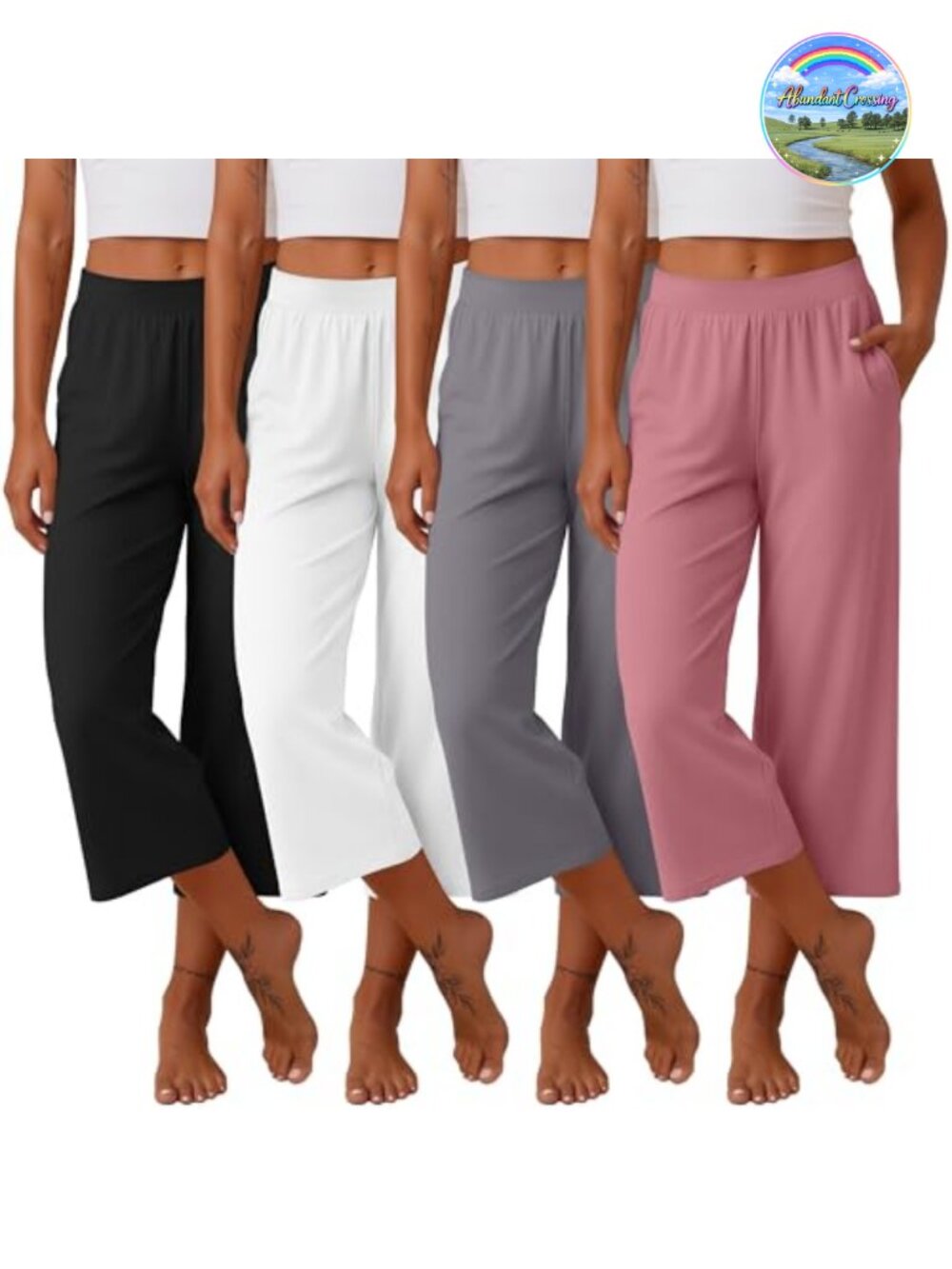 4 Pack Womens Capri Sweatpants Wide Leg with Pockets Elastic Waist Yoga Lounge